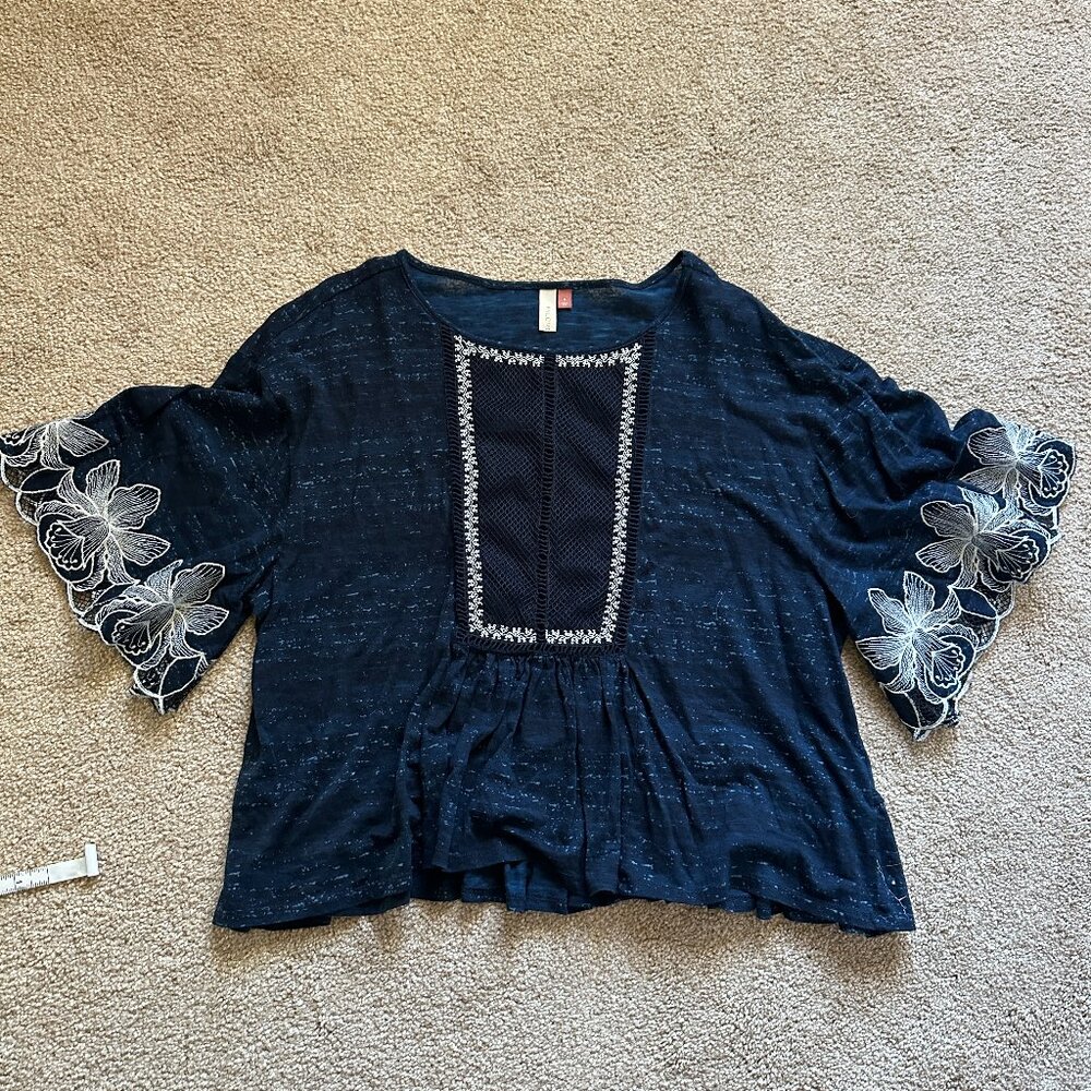 Pilcro Navy Top, floral sleeve accents